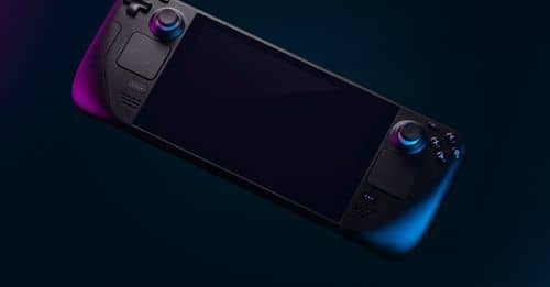 Steam Deck 2 Handheld Gaming Computer on Black Surface