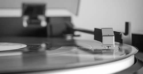 A black and white photo of a record player