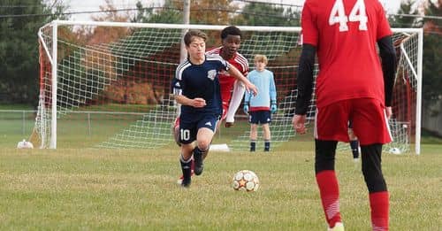 A very competitive youth soccer match.