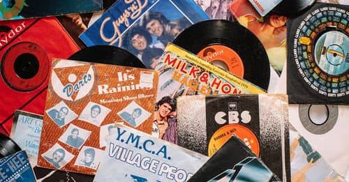 Set of retro vinyl records on table