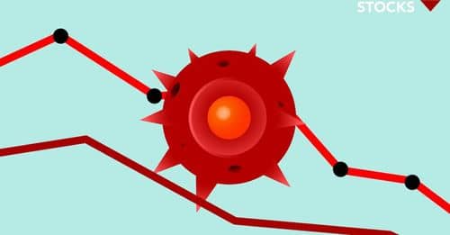 Vector image of red Covid virus against decreasing line graph on blue background