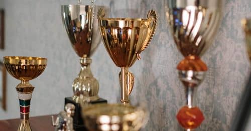 Trophies on Wooden Surface