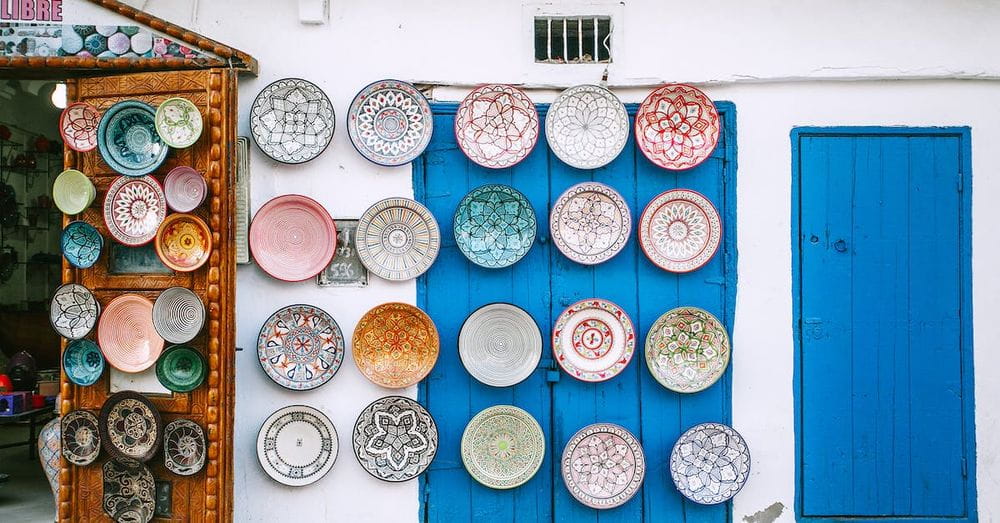 Local market with various ornamental plates