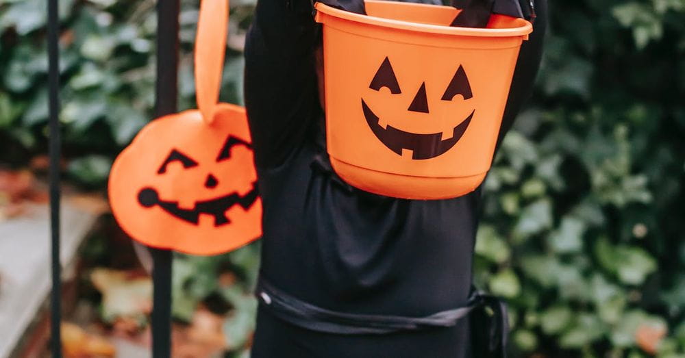 Little kid in Halloween black costume standing in garden with orange bucket