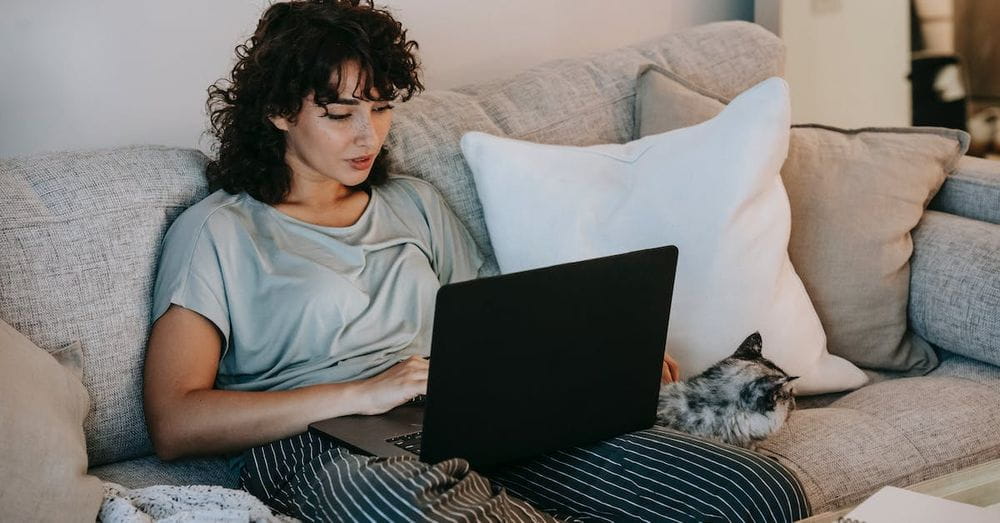 Relaxed female watching movie on netbook and caressing cat on sofa