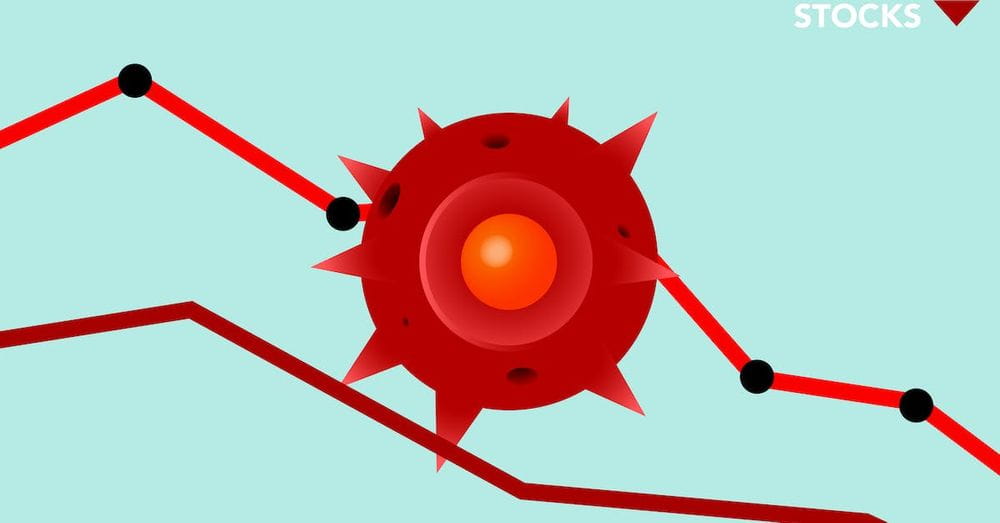 Vector image of red Covid virus against decreasing line graph on blue background