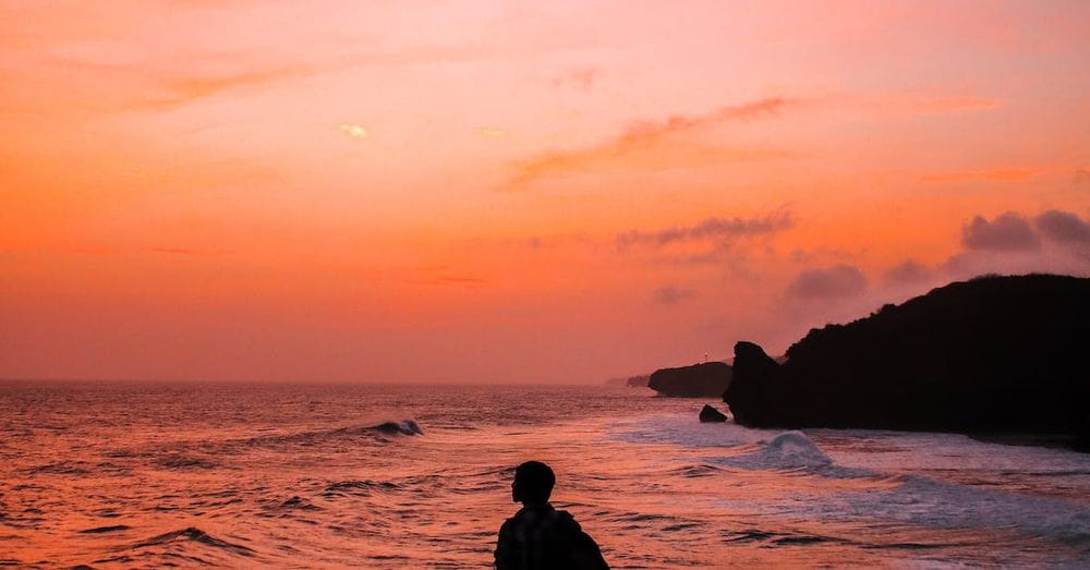 Silhouette Photo of Man With Backpack Standing in Seashore during Golden Hour